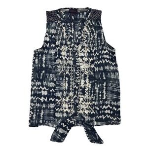 Artesia Womens Sleeveless Tie Front Button Blouse Boho Ikat Print Size S